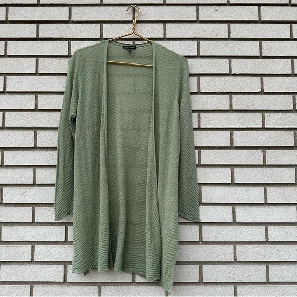 Eileen Fisher Pointelle Knit Pistachio Sage Green Open Front Hemp Blend Cardigan - Picture 2 of 9